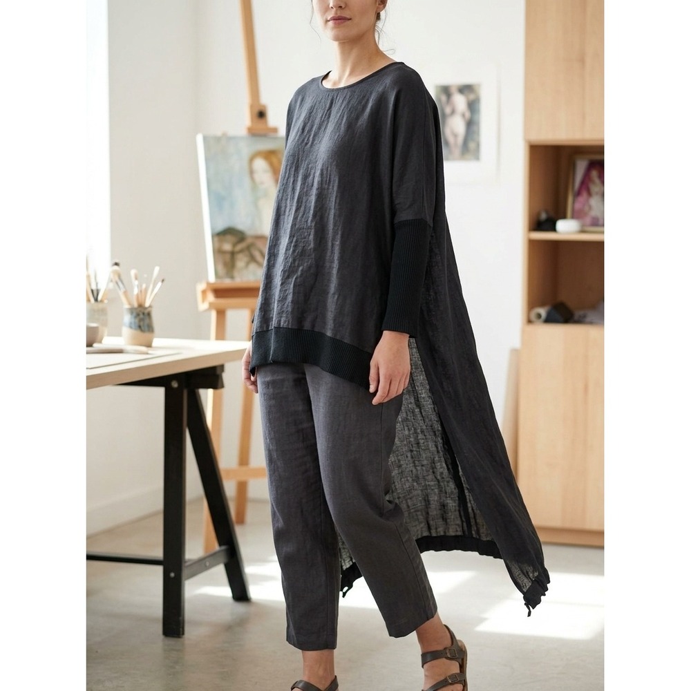 Coco Vintage Linen Cotton High Low Tunic Top Black XL SB1CM7218T Lagenlook NWT